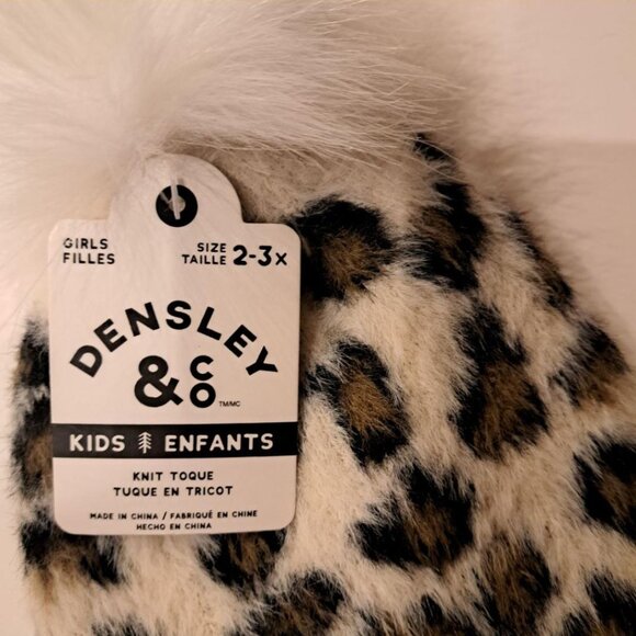 Densley girls' knit tuque (beanie) girl 2-3 animal print faux-fur pom-pom NWT - Picture 2 of 4